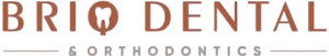 Briq Dental & Orthodontics logo in brown text with decorative line elements