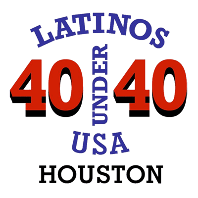 Latinos Under 40 USA Houston logo with red numbers and blue text design.