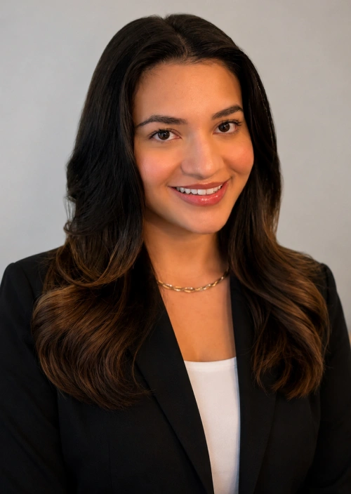 Professional portrait of a smiling woman with long dark wavy hair, wearing a black blazer and gold necklace against a light grey background.